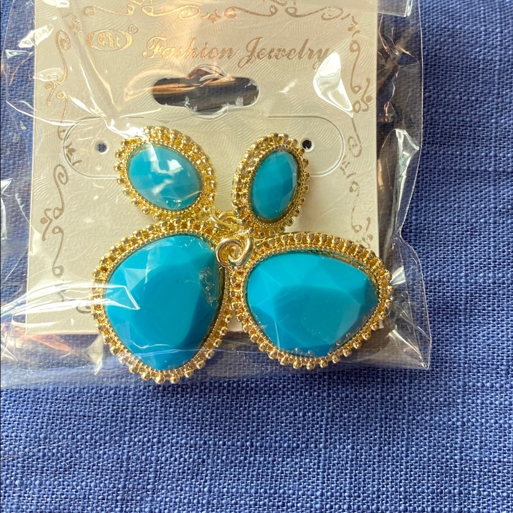 New Gold and Teal Chandelier Earrings